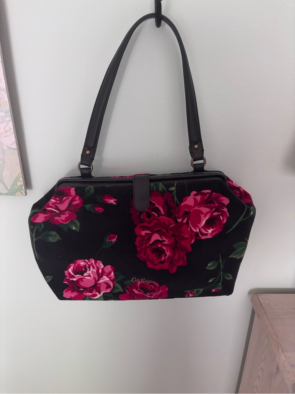 Cath Kidston Black Velvet Shoulder Bag with Pink Floral Print 2015